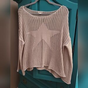 POL Cream Open-Weave Star Crewneck Sweater
